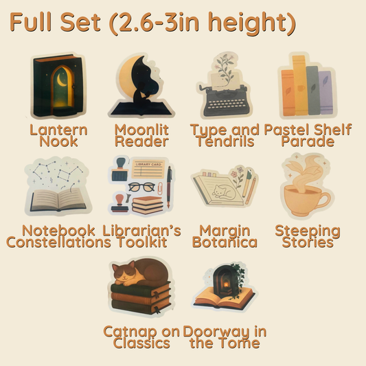 Whispers Between Pages – Bookish Vinyl Sticker Set | Full, Mini & Individual