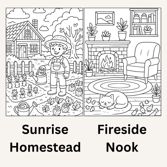 Cozy Valley Colouring Pages – Physical or Printable – Sets of 2, 4, 6, 8 & 10