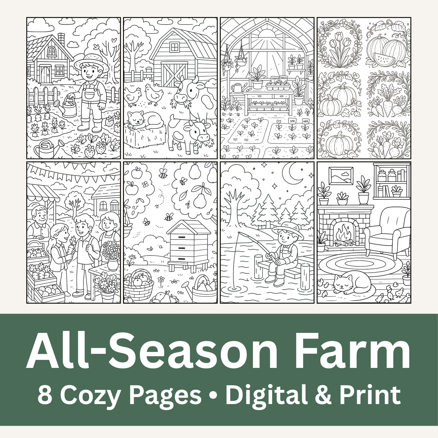 Cozy Valley Colouring Pages – Physical or Printable – Sets of 2, 4, 6, 8 & 10