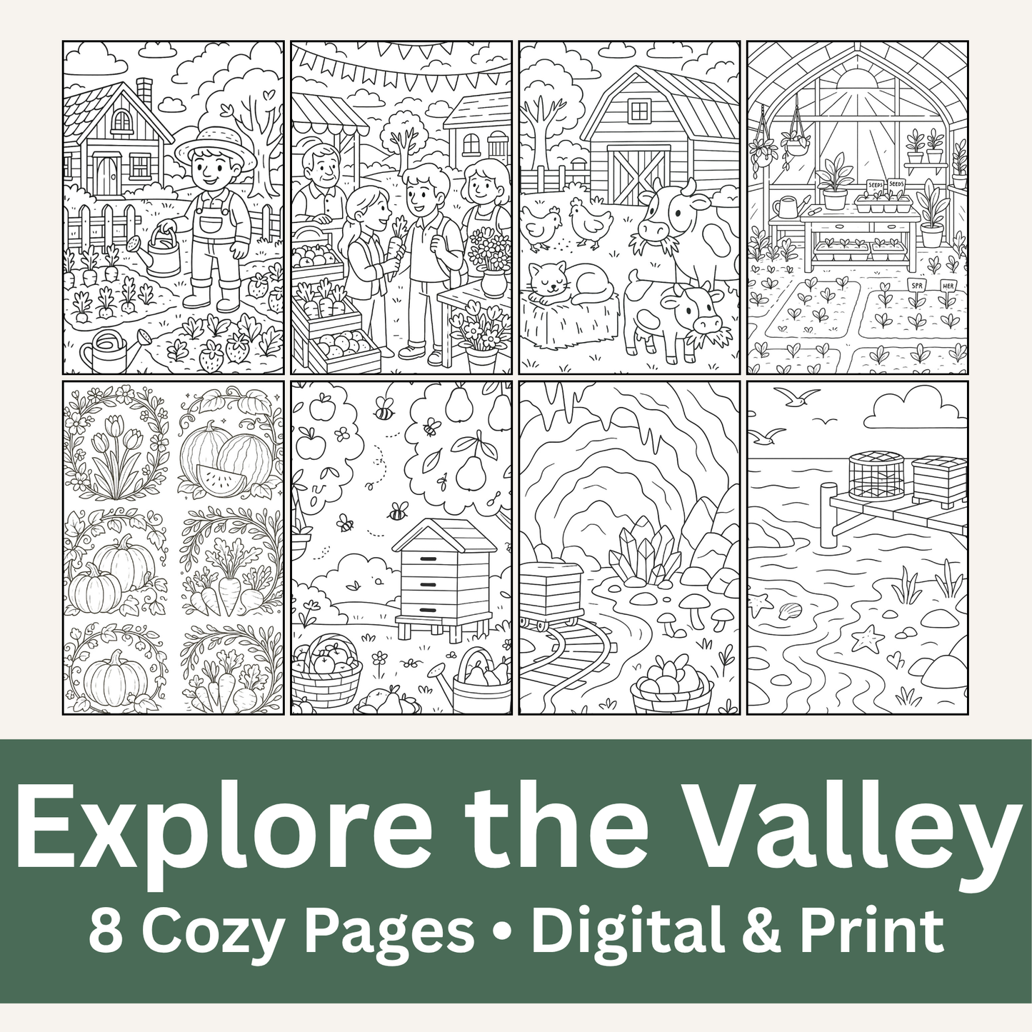 Cozy Valley Colouring Pages – Physical or Printable – Sets of 2, 4, 6, 8 & 10