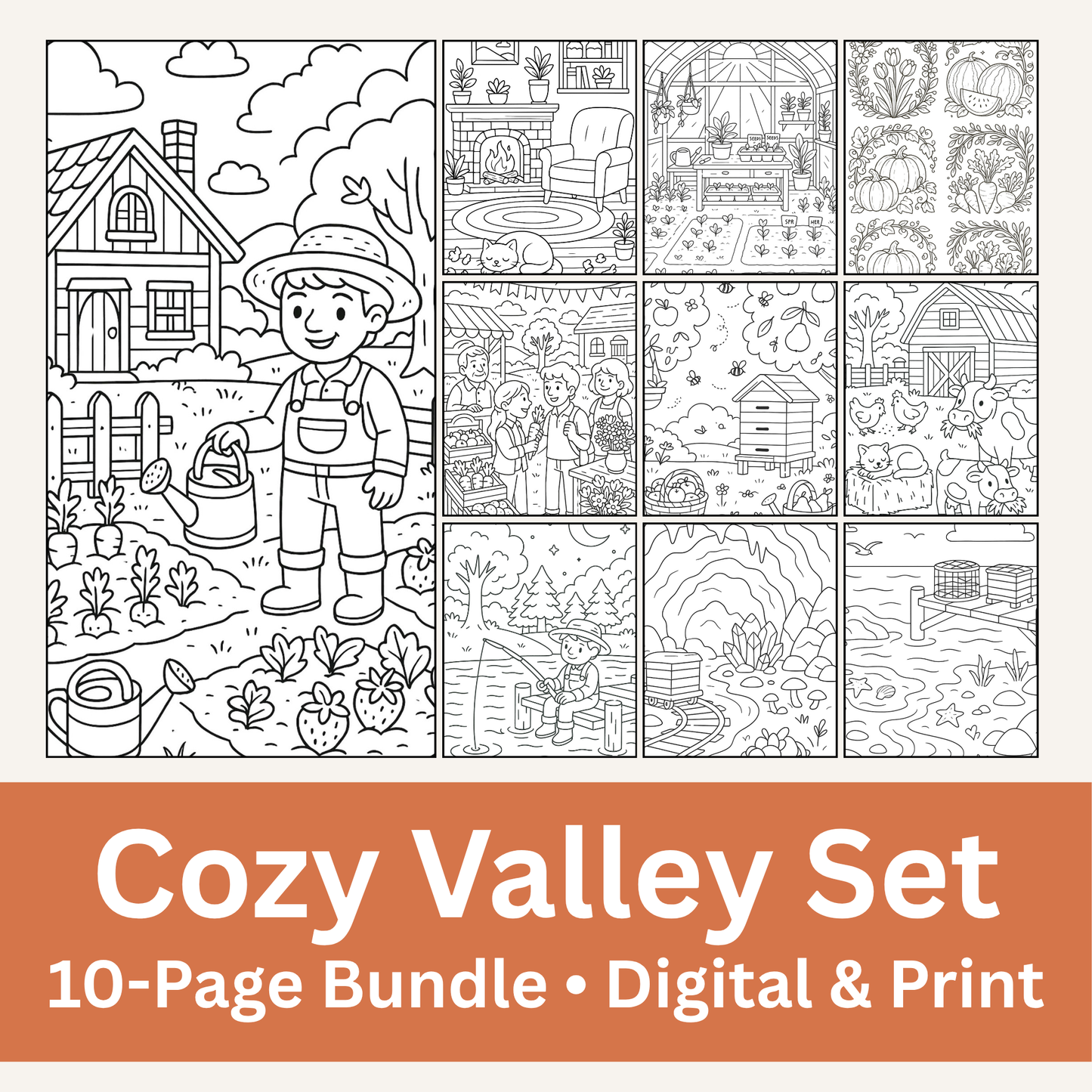 Cozy Valley Colouring Pages – Physical or Printable – Sets of 2, 4, 6, 8 & 10