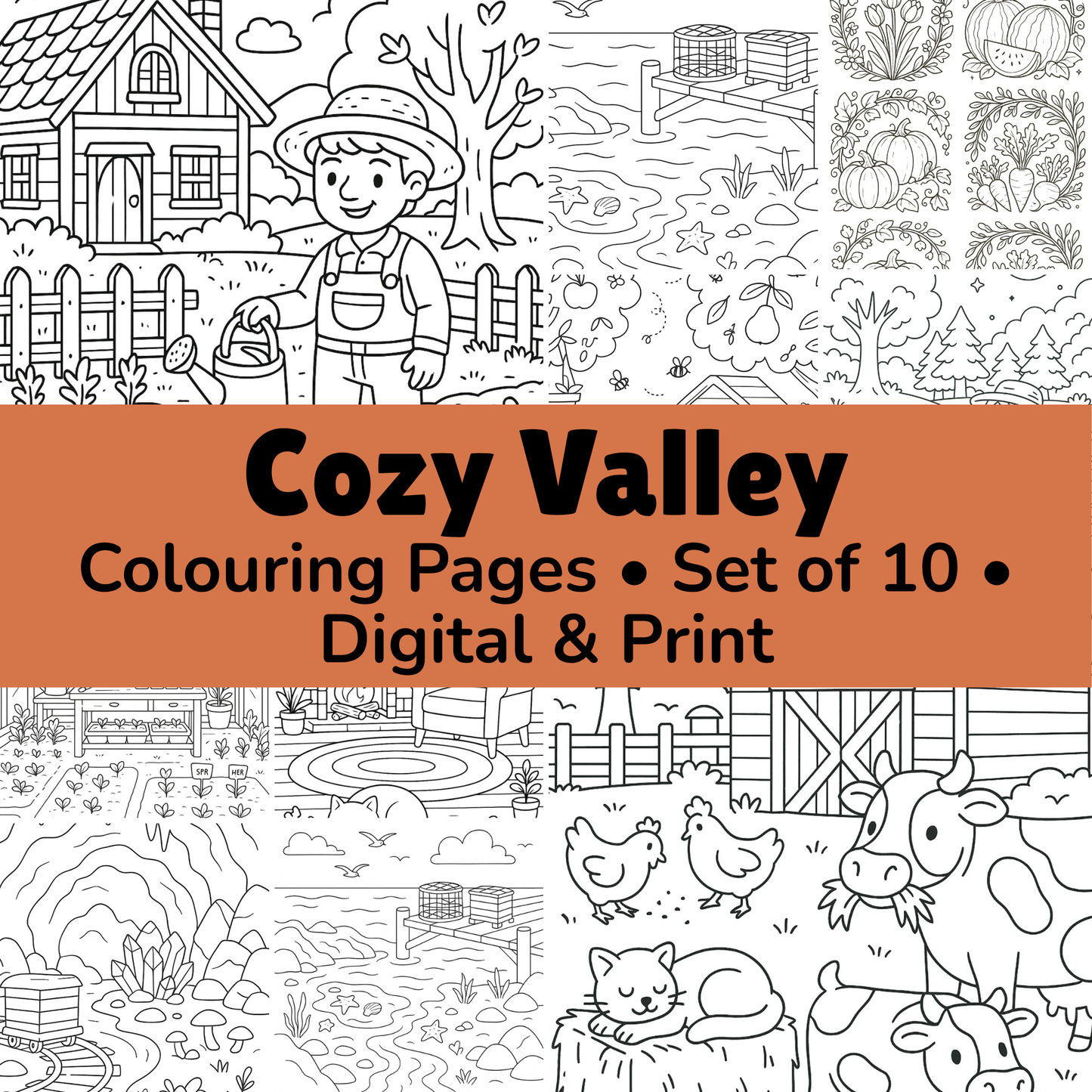 Cozy Valley Colouring Pages – Physical or Printable – Sets of 2, 4, 6, 8 & 10