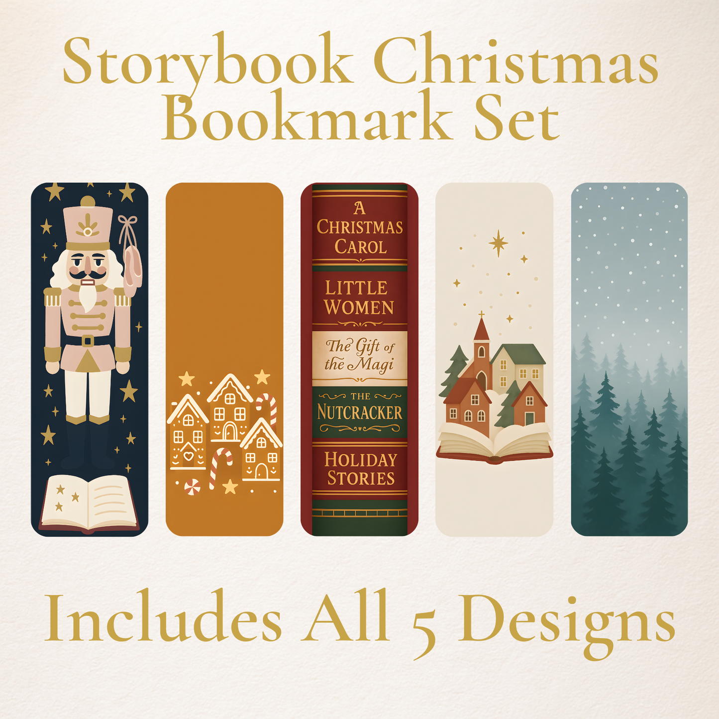 Storybook Christmas Bookmark Set – 5 Cozy Holiday Bookmarks (Nutcracker, Gingerbread, Village, Bookshelf & Snowy Forest)