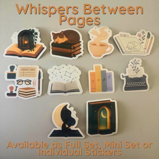 Whispers Between Pages – Bookish Vinyl Sticker Set | Full, Mini & Individual