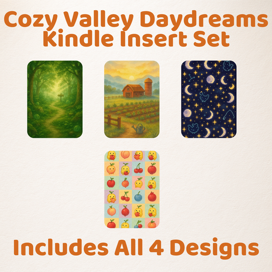 Cozy Valley Kindle Insert Set (4) | Cottagecore E-Reader Covers | Farm Sim Inspired