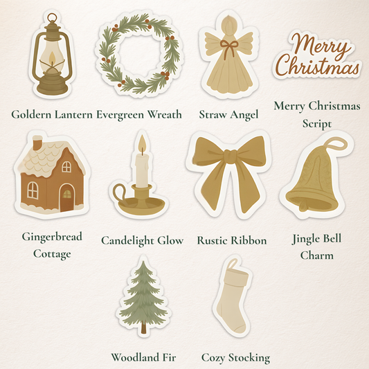 Cottagecore Christmas Charm Sticker Pack – 10 Cozy Holiday Designs