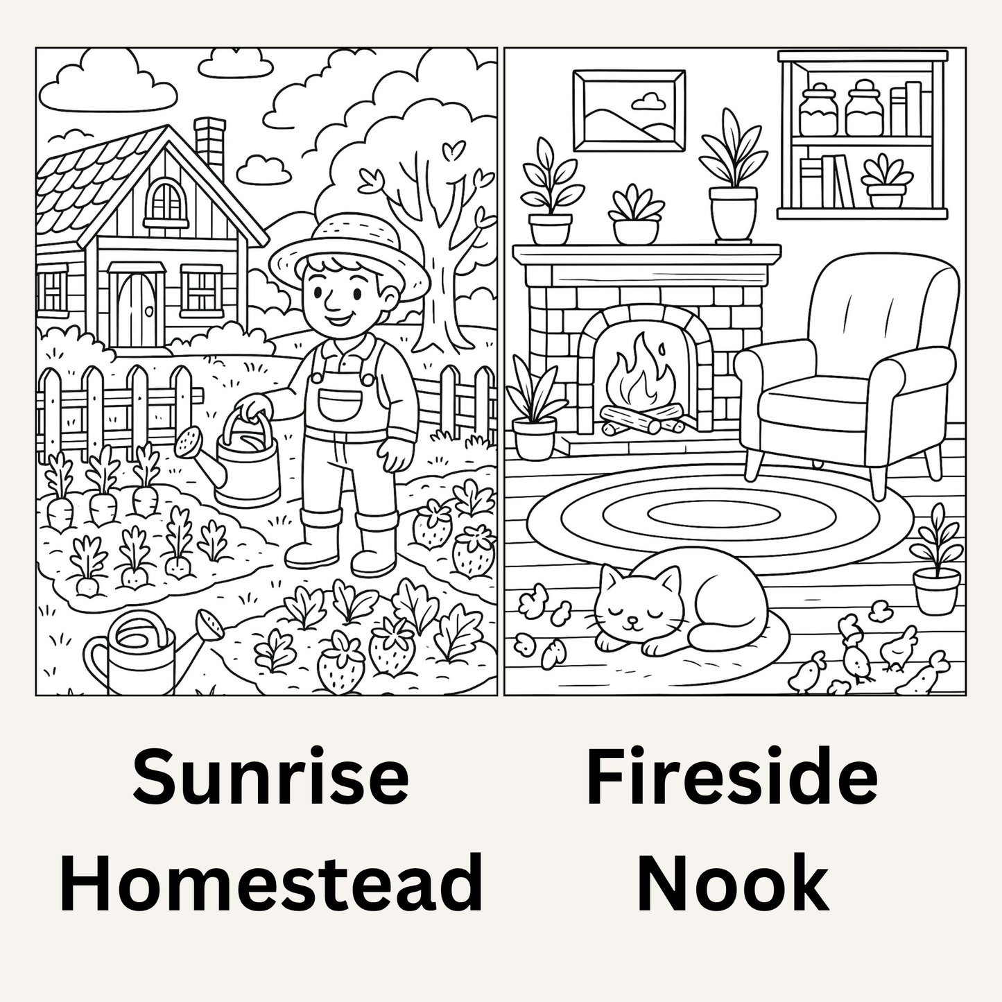 Cozy Valley Colouring Pages – Physical or Printable – Sets of 2, 4, 6, 8 & 10
