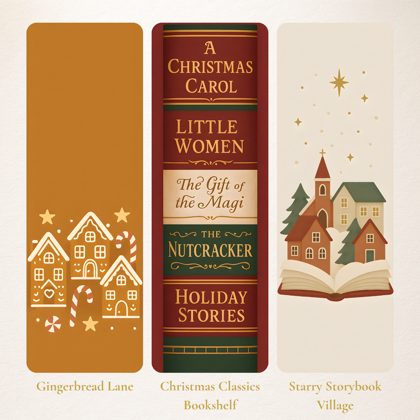 Storybook Christmas Bookmark Set – 5 Cozy Holiday Bookmarks (Nutcracker, Gingerbread, Village, Bookshelf & Snowy Forest)