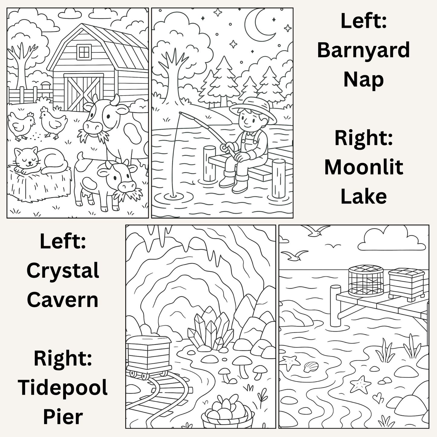 Cozy Valley Colouring Pages – Physical or Printable – Sets of 2, 4, 6, 8 & 10