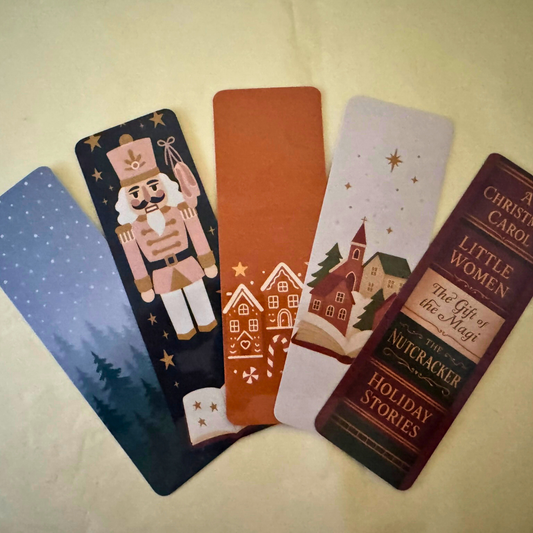 Storybook Christmas Bookmark Set – 5 Cozy Holiday Bookmarks (Nutcracker, Gingerbread, Village, Bookshelf & Snowy Forest)