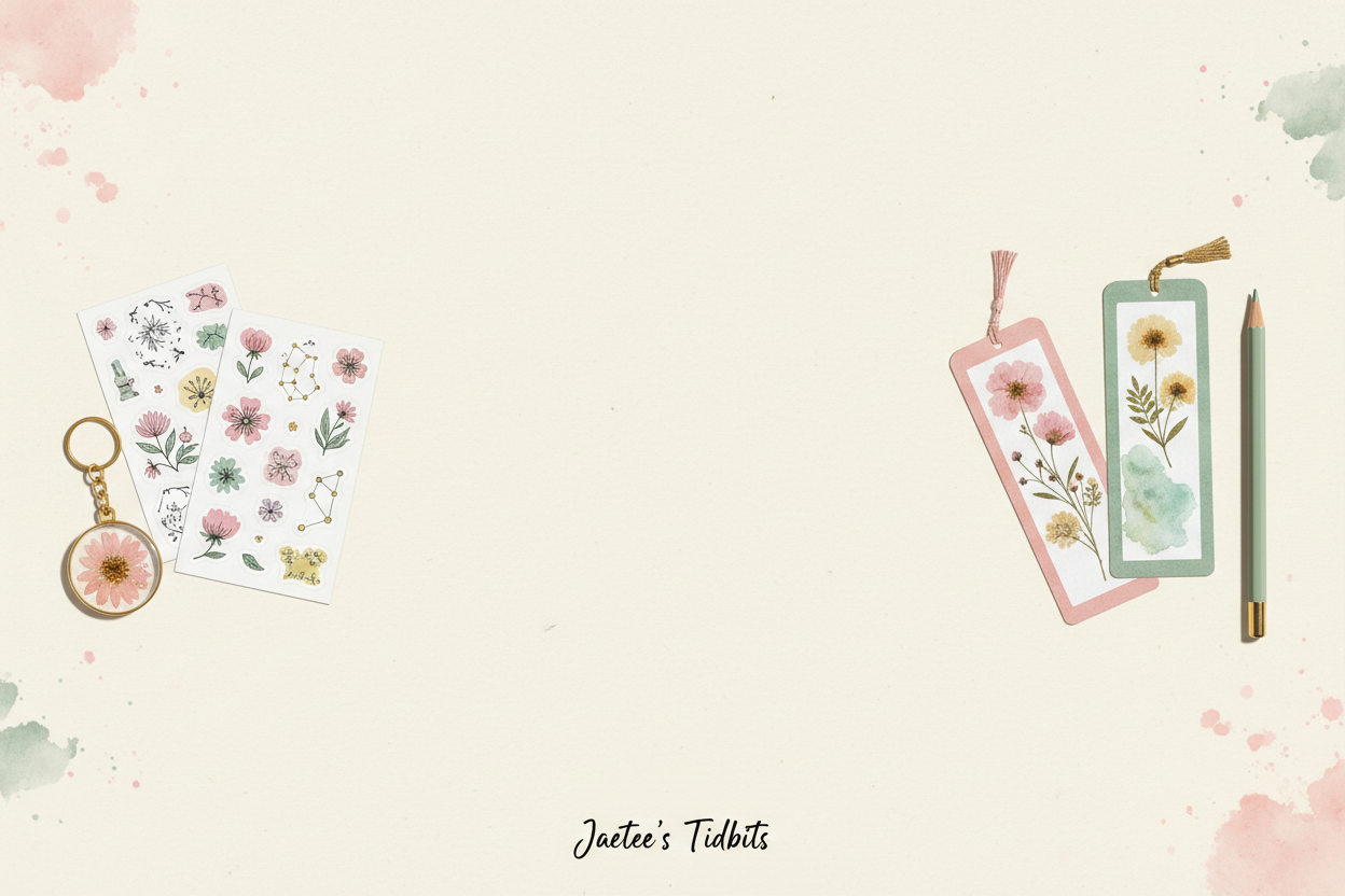 A cozy and minimalist hero banner for a handmade stationery and printable shop called Jaetee’s Tidbits. The background is warm cream beige with soft paper texture. Include a flat-lay of pastel stationery: sticker sheets, bookmarks, keyrings, and a pencil arranged neatly with soft shadows. Keep the center area clear for text overlay. The mood should feel warm, calm, and handmade with blush and sage accents, matching an artisan small-business aesthetic.