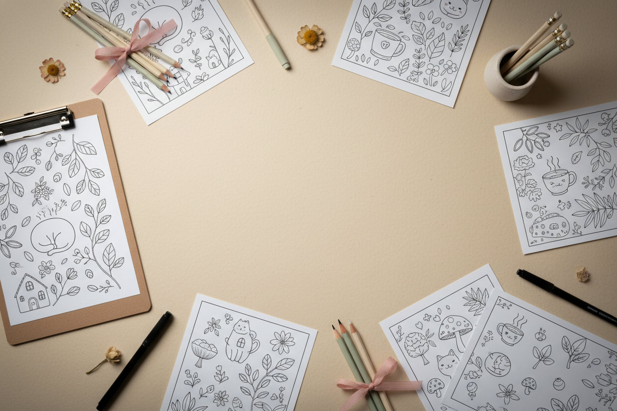 A cozy, minimalist 16:9 hero banner background for a handmade stationery shop. Warm cream beige paper texture. Flat-lay scene with printed black-and-white colouring pages (botanical and cute cozy motifs), a few sharpened pencils/fineliners, and a light blush clipboard. Keep all items arranged around the edges with a soft vignette so the center area is clear for text. Use blush pink and sage accents, soft natural lighting, gentle shadows, calm artisan aesthetic.
