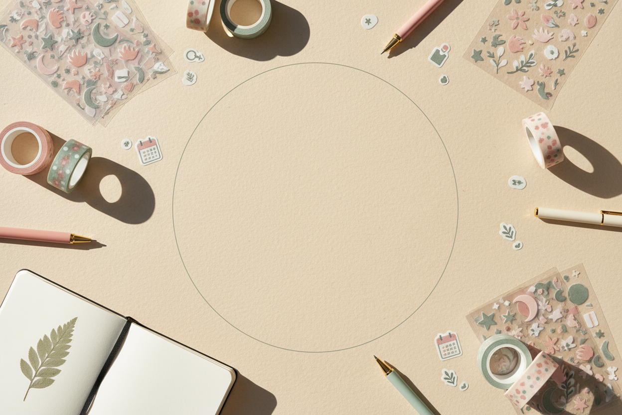 A cozy, minimalist flat-lay background for a handmade stationery and sticker shop. The background is a warm cream beige with a soft paper texture. Arrange pastel sticker sheets, planner stickers, and stationery elements like washi tape and pens around the edges, leaving the center clear for text overlay. Use blush pink, sage green, and neutral tones. The style should feel clean, calm, and cozy — perfect for a small creative business aesthetic.