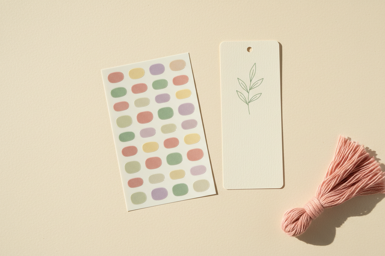 Minimal flat-lay on warm cream paper texture (#F8F2EB): a pastel sticker sheet, one bookmark with a simple leaf line drawing, and a soft rope tassel partially in frame. Cozy, handmade aesthetic with blush (#F4A5A5) and sage accents, soft natural shadows, clean composition with negative space.